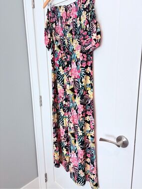 Floral Off-Shoulder Maxi Dress - Black Background with Pink & Yellow Blooms
